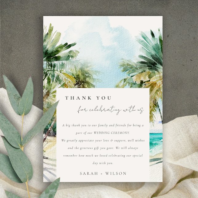 Carte De Remerciements Sable Tropical Beach Aquarelle Palm Trees Mariage (Créateur téléchargé)