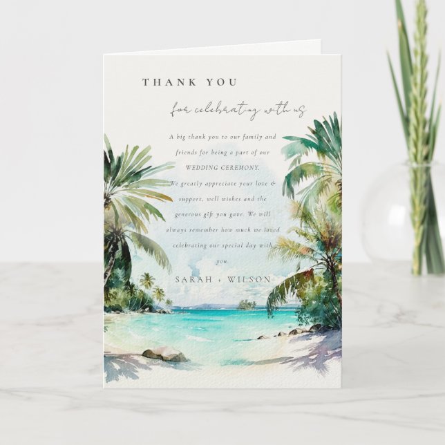Carte De Remerciements Sable Tropical Beach Aquarelle Palm Trees Mariage (Devant)