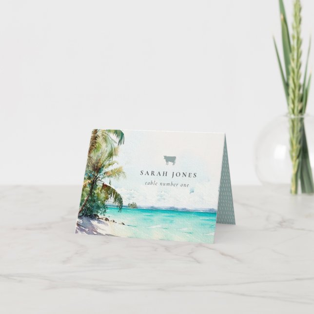 Carte De Remerciements Sable Tropical Palm Trees Mariage Place Card Vache (Devant)