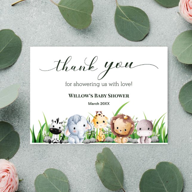 Carte De Remerciements Safari Animal Jungle Baby shower garçon blanc (Thank you safari animals baby shower card)