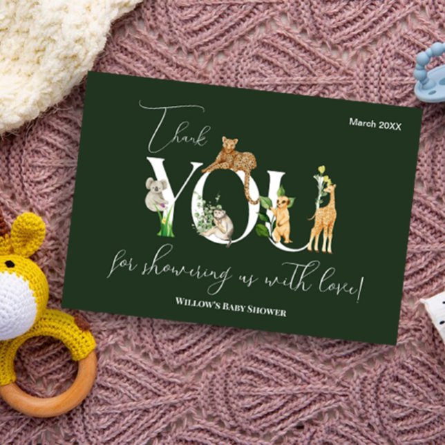Carte De Remerciements Safari Animal Jungle Vert Baby shower garçon (Thank you safari animal card )