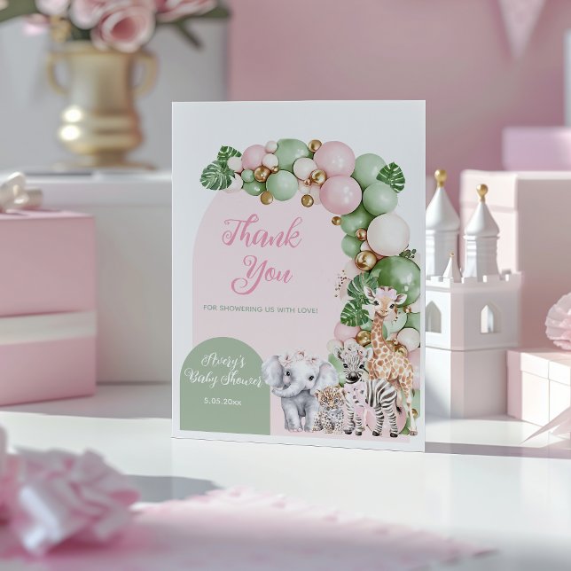 Carte De Remerciements Safari animal Tropical vert rose bébé fille douche (Créateur téléchargé)