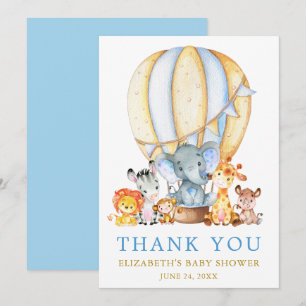 Carte De Remerciements Safari Animals Blue Hot Air Balloon Baby shower