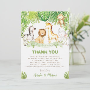 Carte De Remerciements Safari Jungle Animaux Baby shower Boy Green Forest