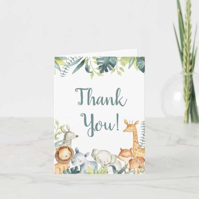 Carte De Remerciements Safari jungle animaux éléphant girafe aquarelle (Devant)
