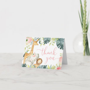 Carte De Remerciements Safari jungle animaux rose blanc aquarelle florale