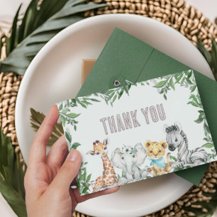 Carte De Remerciements Safari Neutre Genre Animaux Baby shower de verdure