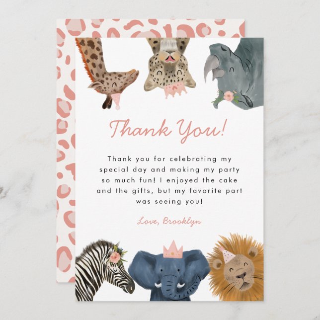 Carte De Remerciements Safari sauvage rose Animaux fête d'anniversaire (Devant / Derrière)
