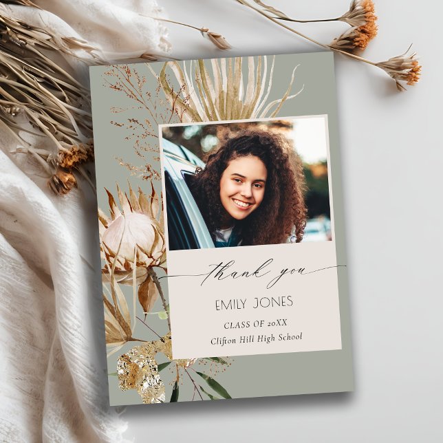 Carte De Remerciements Saga Vert Protea Sec Palm Floral Photo Graduation (Créateur téléchargé)