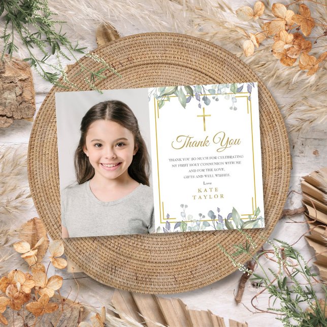 Carte De Remerciements Sage et Lilac Floral Première Sainte Communion Pho (Sage and Lilac Floral First Holy Communion Photo Thank You Card)