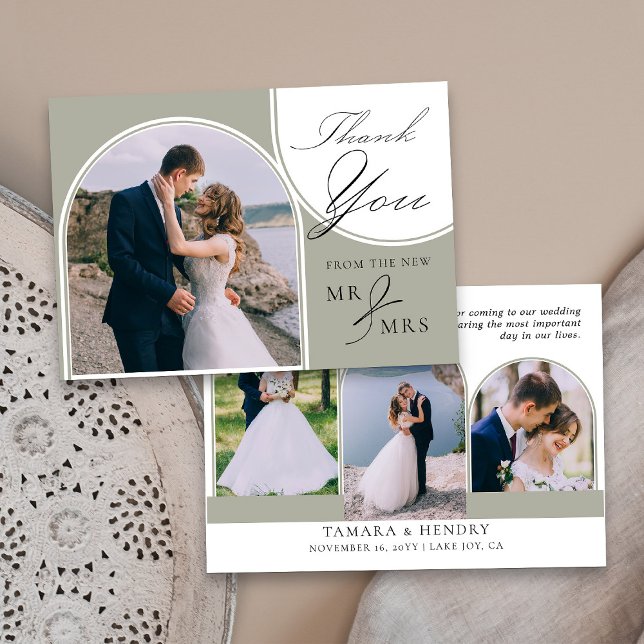 Carte De Remerciements Sage Green 4 Arches Photo Mariage Calligraphie (Elegant Sage green wedding photo thank you card from my Wedding Colors collection)