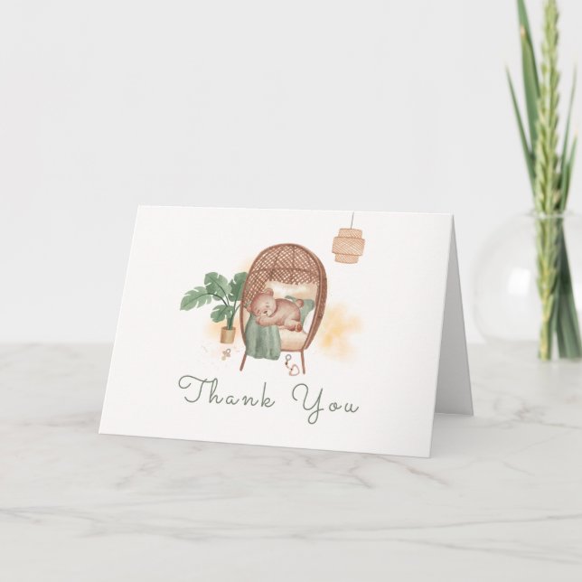 Carte De Remerciements Sage Green Boho Cosy Teddy Bear Sleep Baby shower (Devant)