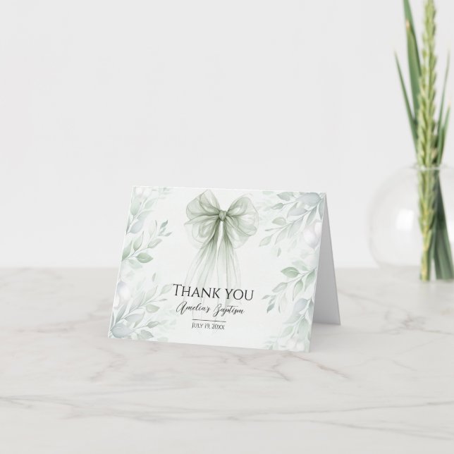Carte De Remerciements Sage Green Bow Baptême (Devant)
