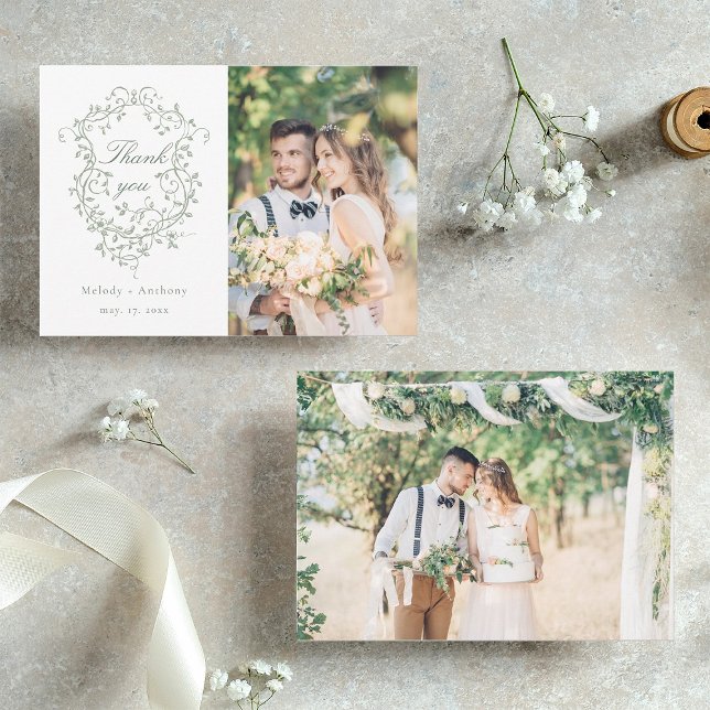 Carte De Remerciements Sage Green Classic Floral Crest 2 Photo (Front & Back)