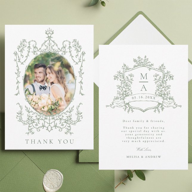Carte De Remerciements Sage Green Classic Floral Frame Wedding Photo      (Front & Back)