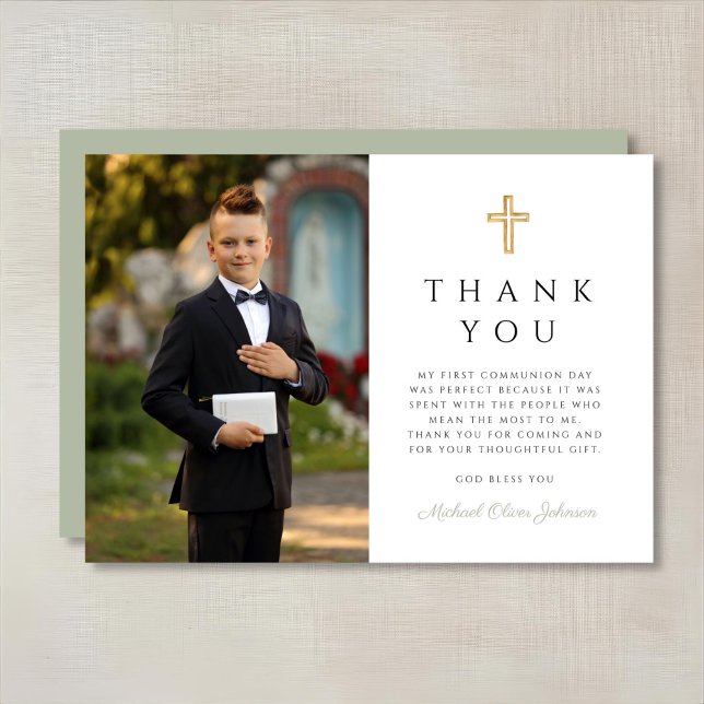 Carte De Remerciements Sage Green Cross Boy First Communion Photo (Sage Green Cross Boy First Communion Photo Thank You Card)