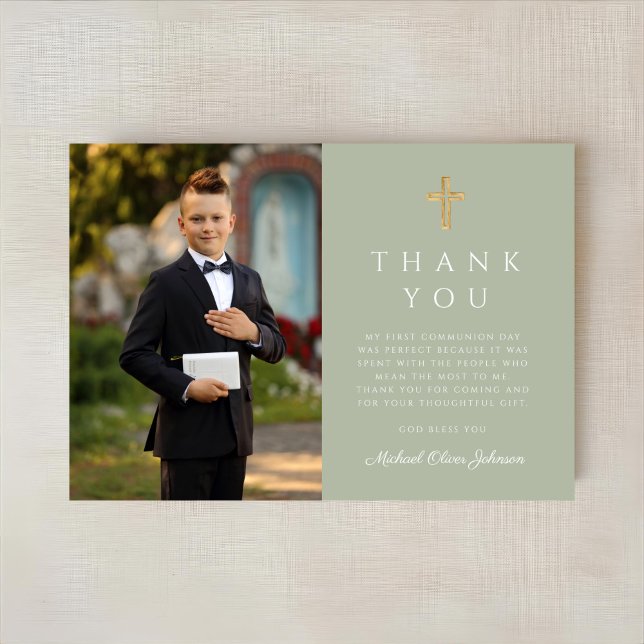 Carte De Remerciements Sage Green Cross Boy First Communion Photo (Sage Green Cross Boy First Communion Photo Thank You Card)