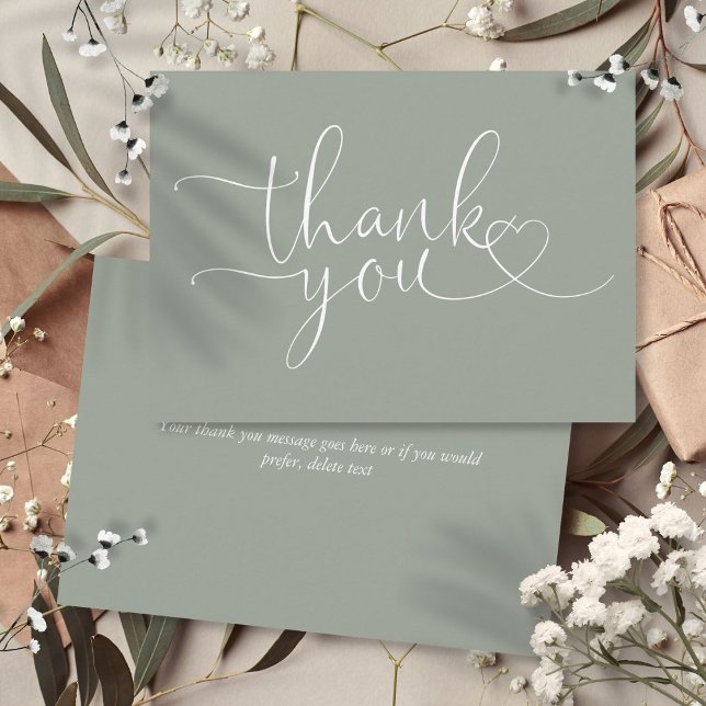 Carte De Remerciements Sage Green Elégant Cœur Script (Sage Green Elegant Heart Script Thank You Card)