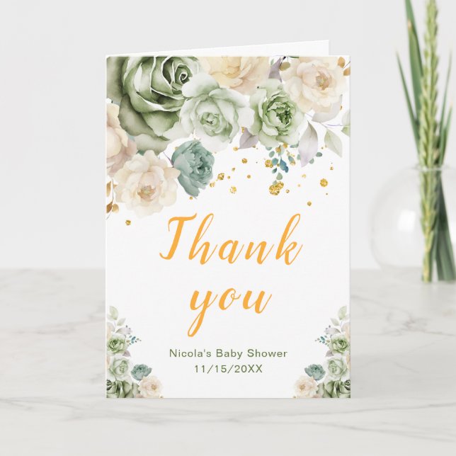 Carte De Remerciements Sage Green et Baby shower floral crème (Devant)