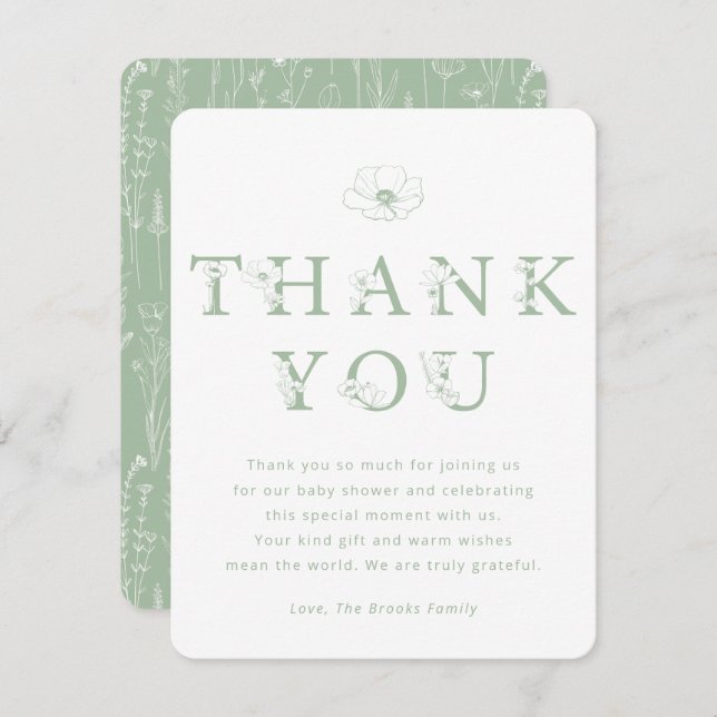 Carte De Remerciements Sage Green Floral Thank You Card | Baby Shower (Devant / Derrière)
