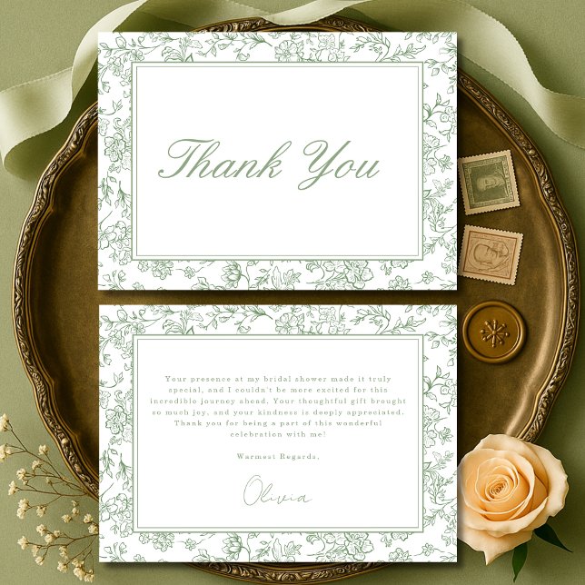 Carte De Remerciements Sage Green French Vintage Floral Bridal Shower (Créateur téléchargé)