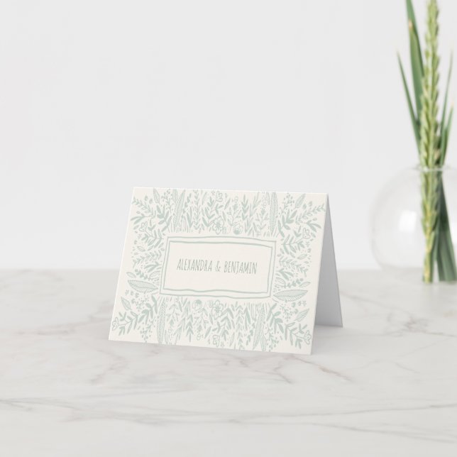 Carte De Remerciements Sage Green Garden Floral Art Bordure Nom Mariage (Devant)