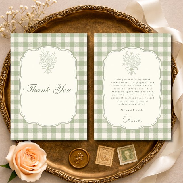Carte De Remerciements Sage Green Gingham Floral Bow Bridal Shower (Créateur téléchargé)
