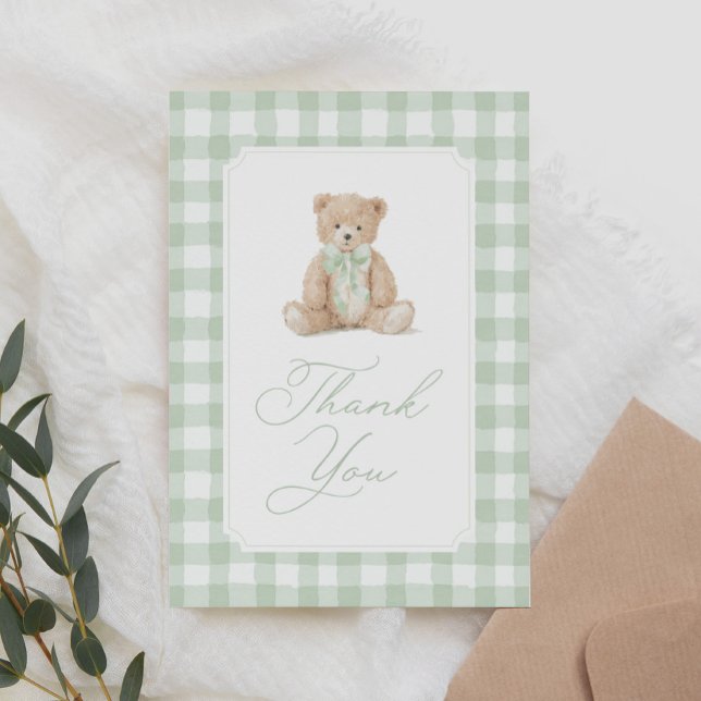 Carte De Remerciements Sage Green Gingham Teddy Bear Baby Shower (Créateur téléchargé)