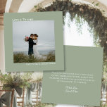 Carte De Remerciements Sage Green Love & Thanks Photo & Note Mariage<br><div class="desc">Cette simple carte de remerciement mariage présente un design minimaliste avec votre photo sur un arrière - plan vert sage. La légende justifiée gauche sur le devant indique Love & Thanks, avec vos noms juste justifiés ci-dessous donnant à la carte un look moderne et symétrique. Le verso peut contenir un...</div>