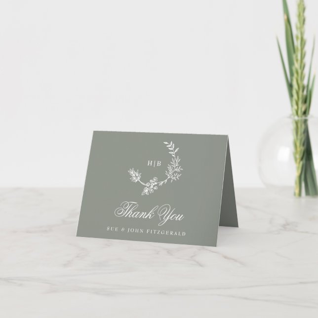 Carte De Remerciements Sage Green Monogram Wreath Classic Photo Mariage (Devant)