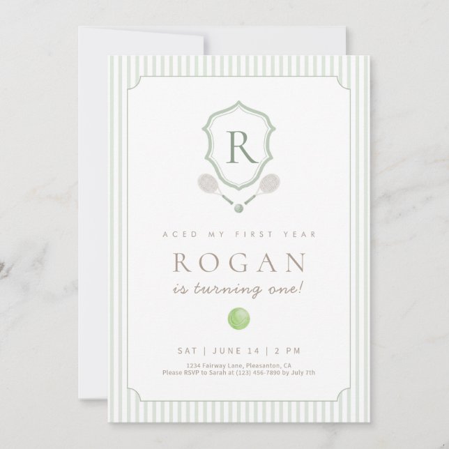 Carte De Remerciements Sage Green Preppy Tennis Crest 1st Birthday invite (Devant)