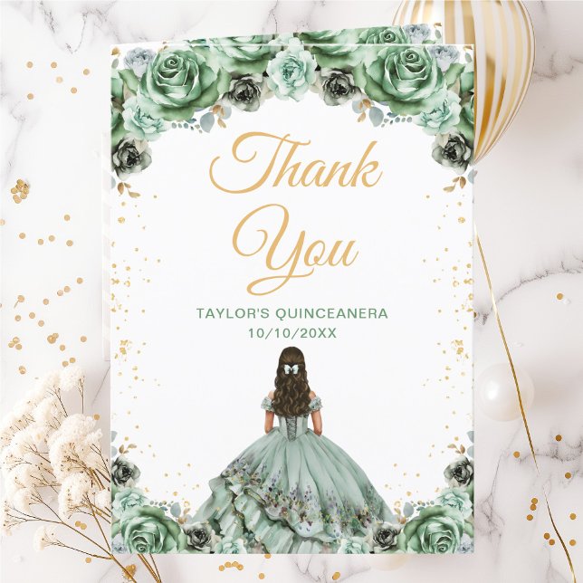 Carte De Remerciements Sage Green Princesse Floral Quinceañera (Créateur téléchargé)