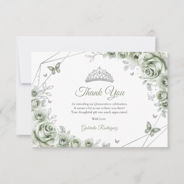 Carte De Remerciements Sage Green Silver Floral Quinceanera (Devant)