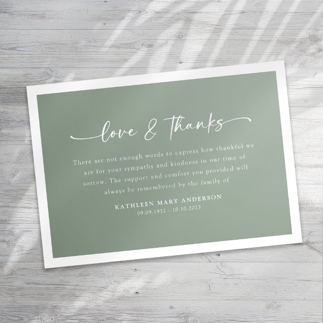 Carte De Remerciements Sage Green Simple Script Funérailles (Créateur téléchargé)