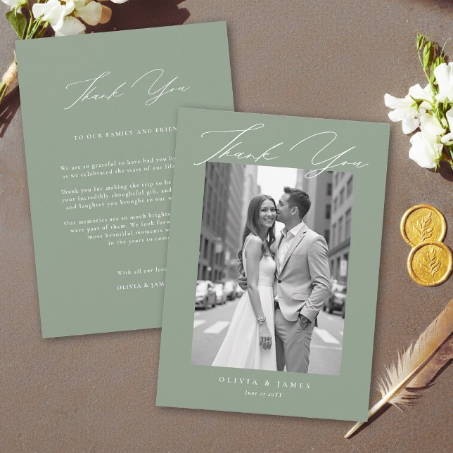 Carte De Remerciements Sage Green White Modern Calligraphy Simple Wedding (sage green wedding thank you photo card elegant modern calligraphy white simple contemporary)