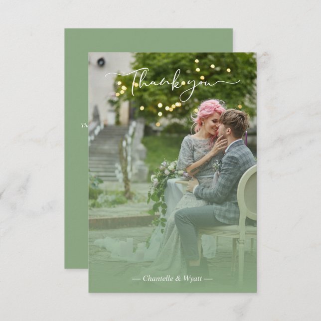 Carte De Remerciements Sage Newlyweds Photo Simple Calligraphy Script (Devant / Derrière)