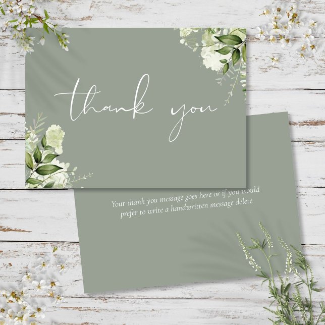 Carte De Remerciements Sage personnalisé Vert Floral Élégant Script (Personalized Sage Green Floral Elegant Script Thank You Card)