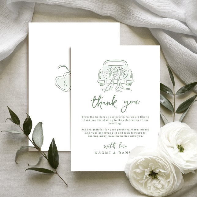 Carte De Remerciements Sage Sketched Just Married Car Couples Monogram (Sage Sketched Just Married Car Couples Monogram Thank You Card)