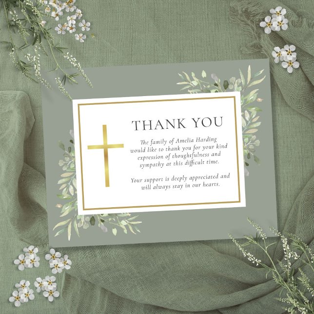 Carte De Remerciements Sage Vert Aquarelle Verdure Funérailles Christian (Sage Green Watercolor Greenery Funeral Christian Thank You Card)