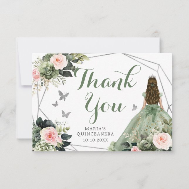 Carte De Remerciements Sage Vert Blush rose Floral Quinceañera (Devant)