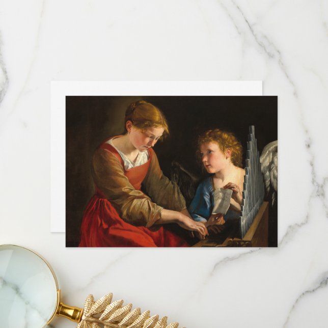 Carte De Remerciements Saint Cecilia et un ange par Orazio Gentileschi (Devant/Arrière en situation)
