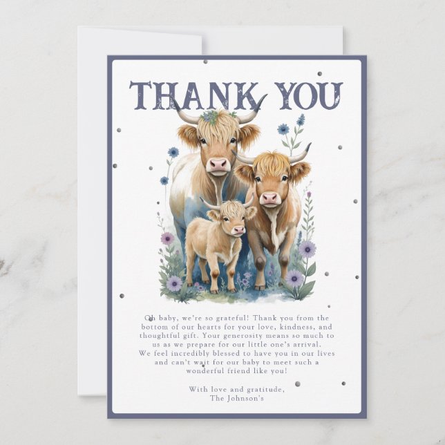 Carte De Remerciements Saint-Vache Highland Cow Élégant Baby shower (Devant)