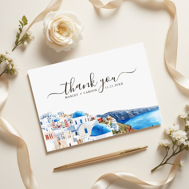 Carte De Remerciements Santorini Island Watercolor Destination Wedding (Créateur téléchargé)