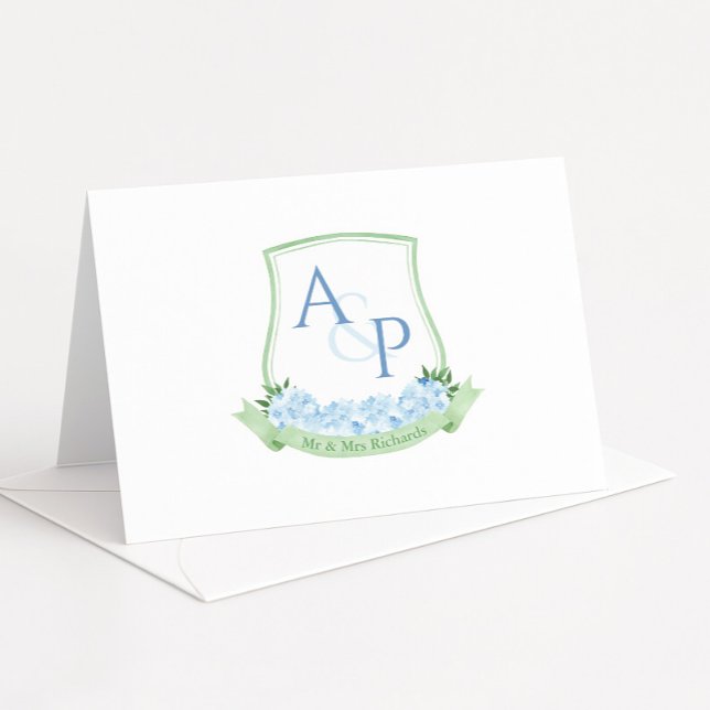Carte De Remerciements Sap Green Blue Hydrangea Botanique Mariage Crest (Watercolor sap green wedding crest with blue hydrangeas and monogram text thank you cards)