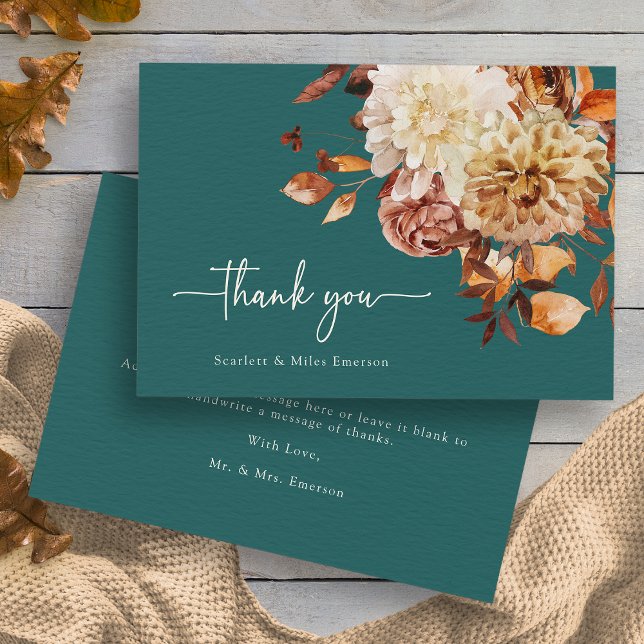 Carte De Remerciements Sarcelle Rustique (Rustic Copper Leaves Autumn Floral Teal Thank You Card by Painted Paperie
)