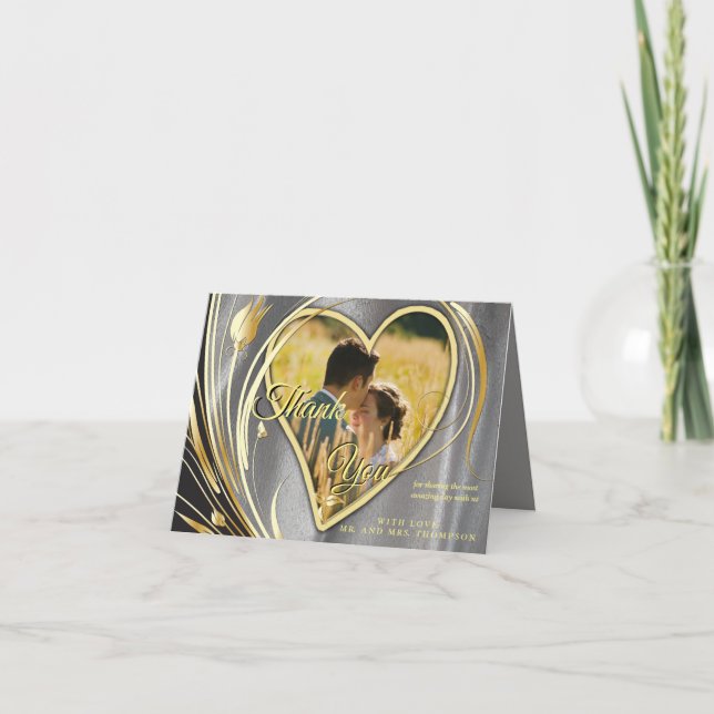 Carte De Remerciements Satin argenté et fleur or splendeur (Devant)