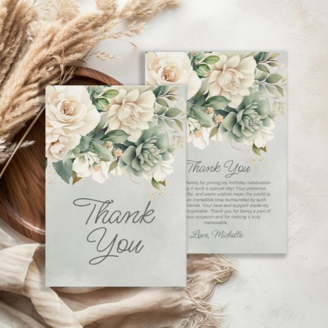 Carte De Remerciements Sauge Blanche Fleur Verte Or Anniversaire Remercie (Elegant white and sage green floral birthday party "Thank You" card)