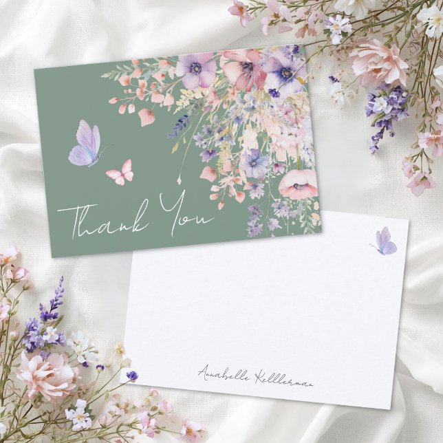 Carte De Remerciements Sauge Papillon Fleur Sauvage Verte (Butterfly Sage Green Wildflower Thank You Card)