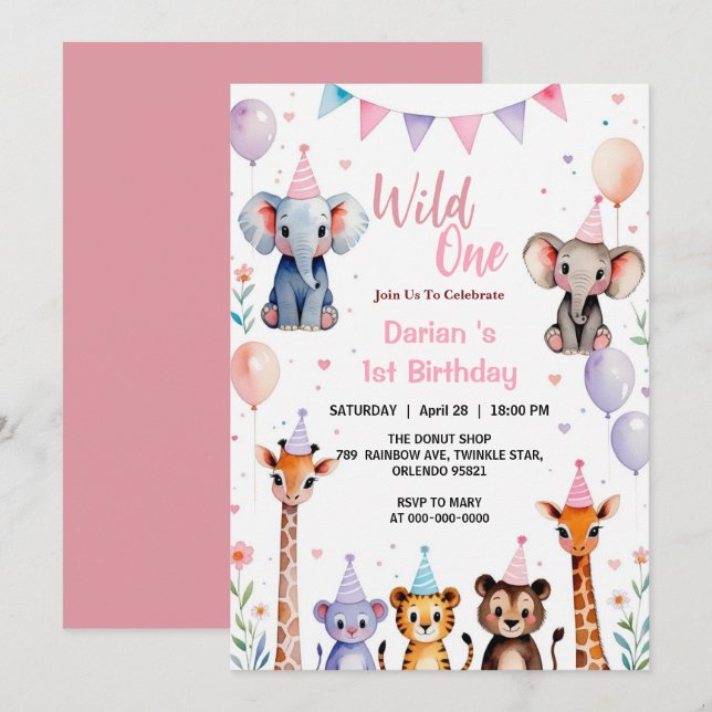 Carte De Remerciements Sauvageone Animaux mignons Ballon filles 1er Anniv (Devant / Derrière)