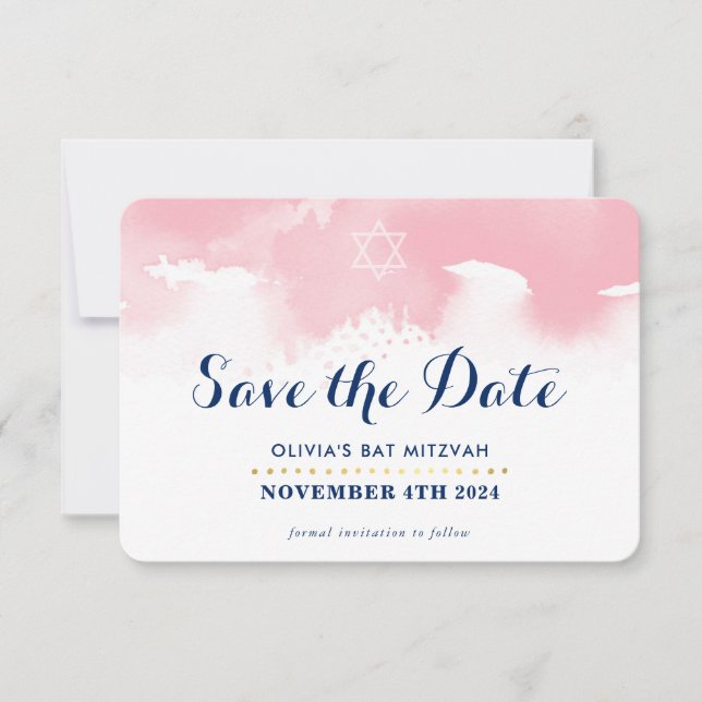 Carte De Remerciements SAVE LA DATE MITZVAH moderne étoile rose aquarelle (Devant)